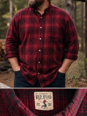 RedHead Brand Co Red Black Plaid Flannel Button Down Shirt Men’s 4XL 100% Cotton